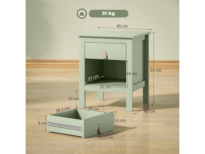  Lot de 2 tables de chevet avec tiroir et compartiment ouvert, 45 x 40 x 55 cm, vert  - Conforama E