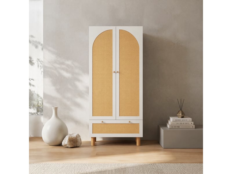  Armoire avec 2 portes en rotin, tiroir, étagères réglables et penderie pour chambre en bois 85,5×52×180,5 cm blanc  - Conforama B