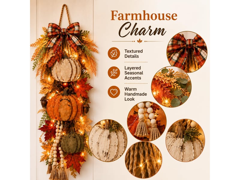  Pendaison décorative en bois citrouille, led chaud – style rustique, pour porte et décoration automnale  - Conforama D