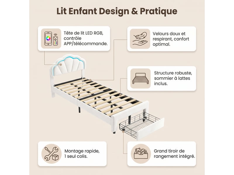 Lit enfant 90x200 cm design coquillage avec led rgb et tiroir de rangement - structure en velours blanc - sommier à lattes inclus - Conforama C