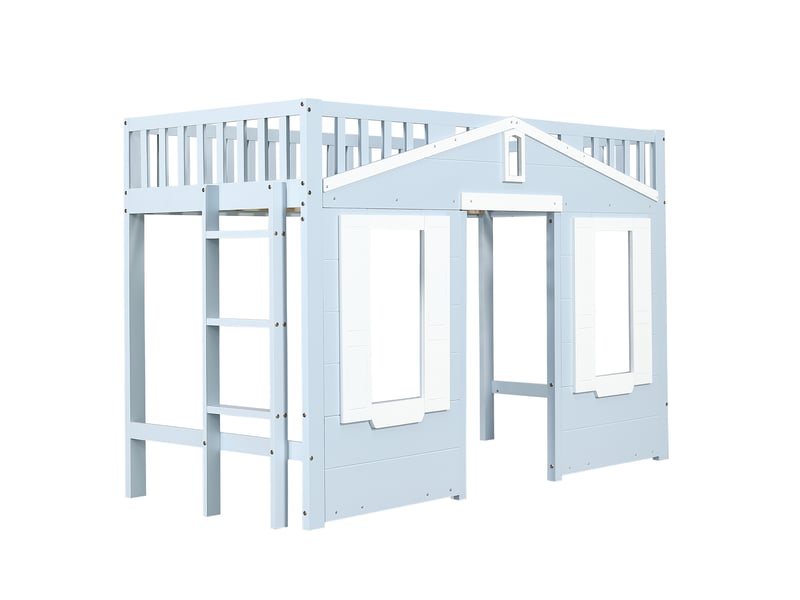  Lit mezzanine bleu 90x200 cm avec échelle sécurisée et fenêtres, espace libre dessous  - Conforama E