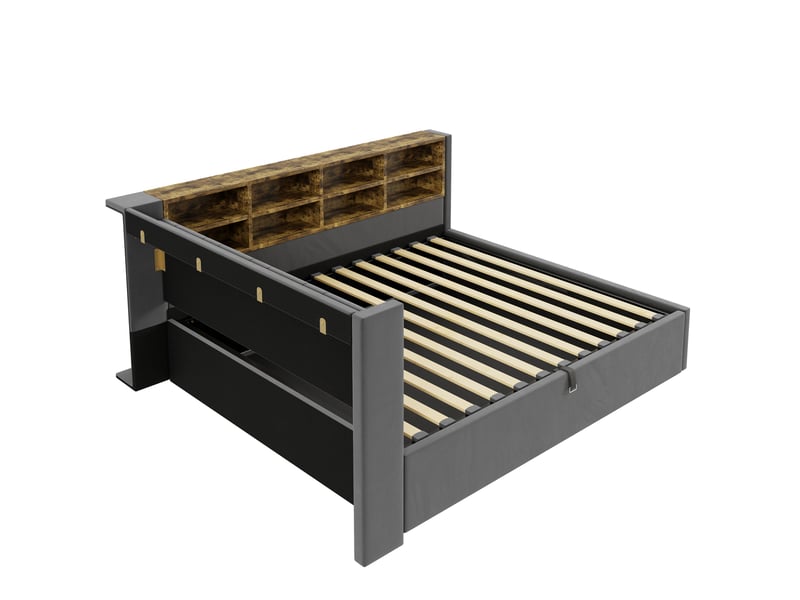  Lit coffre double 140x200 cm avec rangement, usb et type-c gris foncé  - Conforama E