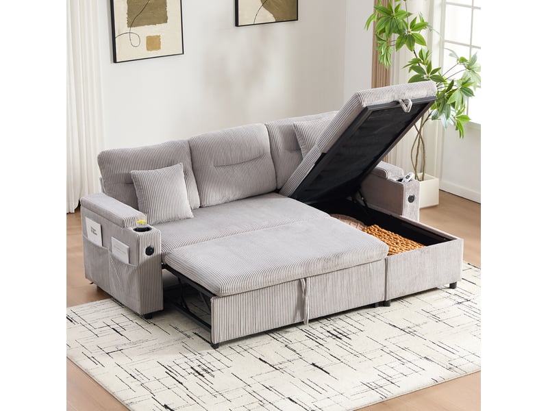  Canapé convertible 3 places avec chaise longue, usb-c et porte-gobelets, en velours côtelé gris clair 212,5 × 136 × 86 cm  - Conforama B