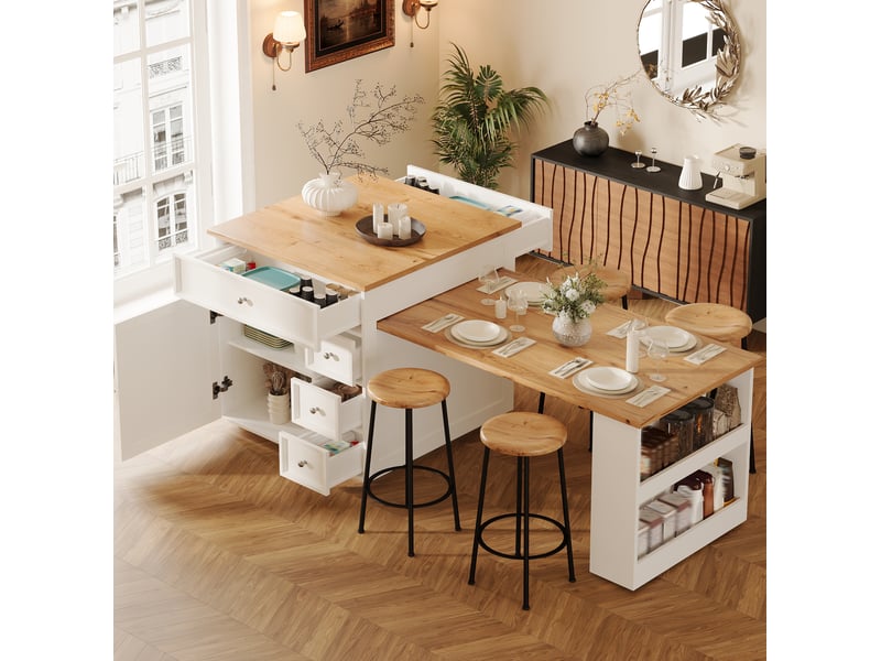  Ilot de cuisine extensible avec 5 tiroirs et roulettes, mdf et métal, blanc  - Conforama B