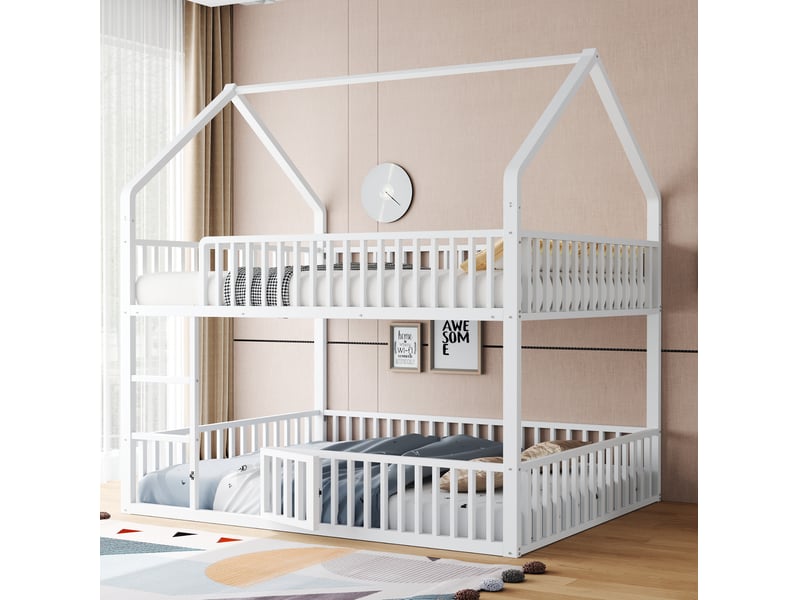 Lit superposé cabane 140 x 200 cm, porte ouvrante, échelle frontale, garde-corps, métal blanc 1 sommier sans matelas - Conforama D