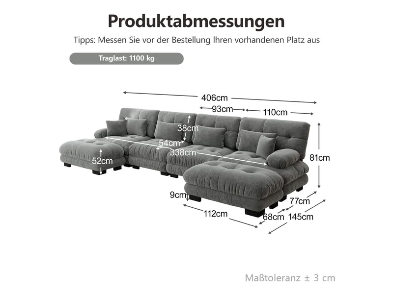  Canapé d'angle, canapé modulable – 4 places, forme u, en chenille, gris, pouf amovible, style cloud  - Conforama D