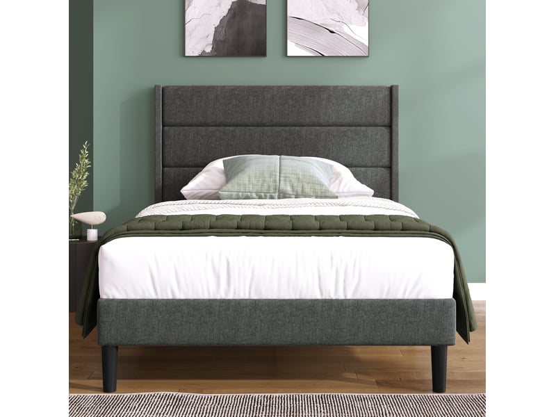  Modenvie lit rembourré 90x200 cm - tête de lit capitonnée, sommier et matelas inclus - gris foncé  - Conforama D