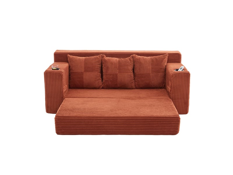  Canape droit 3 places, sans structure rigide en velours côtelé, porte-gobelets et poches, 172 × 87 × 64 cm, orange  - Conforama A
