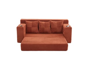 Canape droit 3 places, sans structure rigide en velours côtelé, porte-gobelets et poches, 172 × 87 × 64 cm, orange