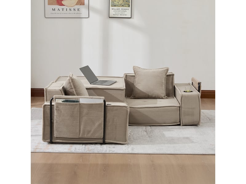  Canapé 2 places en velours côtelé kaki, canapé modulable avec pouf, rangement latéral et confort généreux pour le salon  - Conforama W