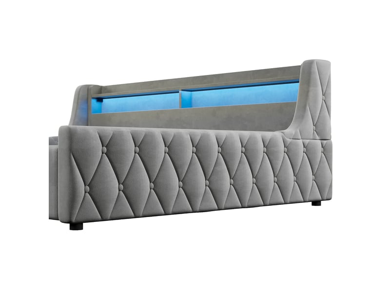  Lit coffre gris 140x200 cm en velours avec relevage hydraulique, tête de lit à led multicolores et rangement sous sommier  - Conforama E