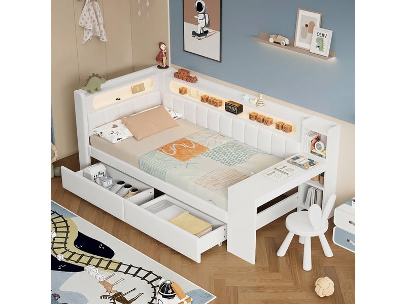  Lit de jour 90x200 avec bureau intégré et 2 tiroirs capitonné blanc  - Conforama C