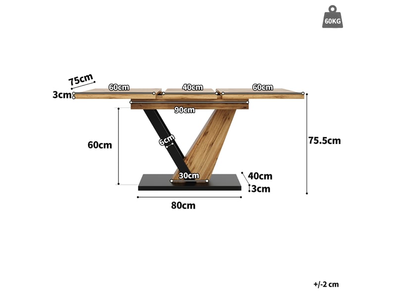  Table de cuisine rectangulaire avec allonge naturel+noir - 75x120-160max.cm mdf table bicolore - Conforama C