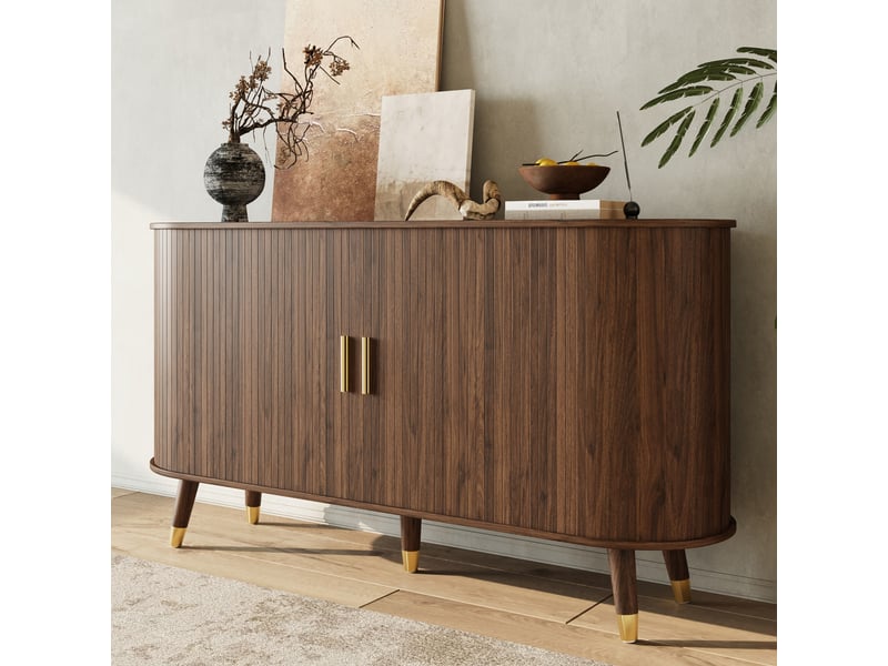  Buffet à grain vertical, 2 tiroirs, 2 portes coulissantes, pieds en bois massif et meuble d'angle arrondi pour le salon, buffet  - Conforama D