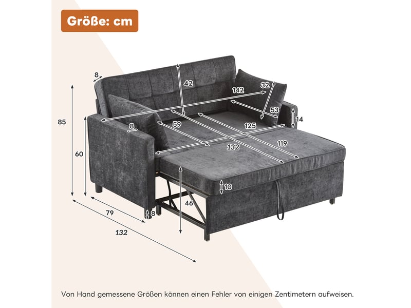  Canapé-lit,142x79x85 cm,2 places avec dossier réglable,chenille,noir antique  - Conforama C