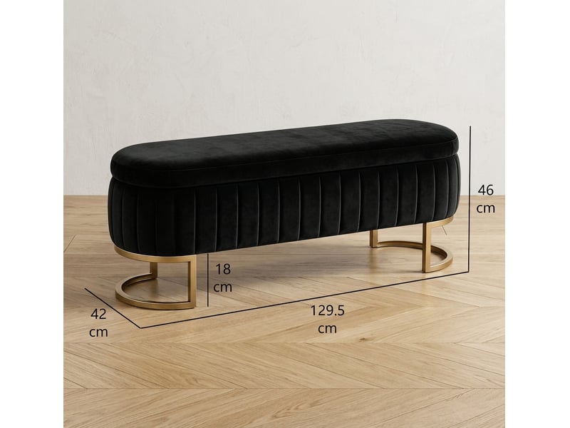  Banc de rangement noir 130 cm en velours avec coffre et pieds en métal doré  - Conforama C