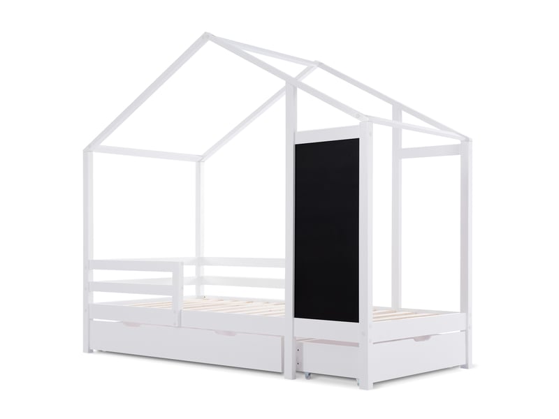  Lit cabane enfant 90 x 200 cm avec tableau et 2 tiroirs, barrières et sommier à lattes, blanc, pin massif 357576AAW - Conforama A