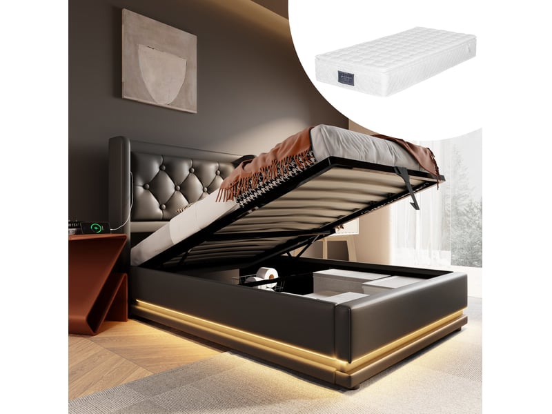  Lit coffre 90x200 cm avec usb type-c et led 3 côtés polyuréthane (pu) noir sans matelas  - Conforama B
