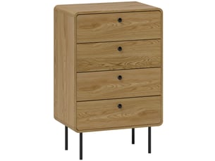 Commode 4 tiroirs, meuble de rangement étroit avec pieds en acier, coins arrondis, chêne, 60 x 39 x 91,5 cm