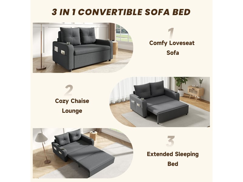  Canapé lit convertible 3 en 1, tissu gris aspect lin 2 places, canapé dépliant avec porte-gobelets et ports usb pour salon, 131cm  - Conforama E