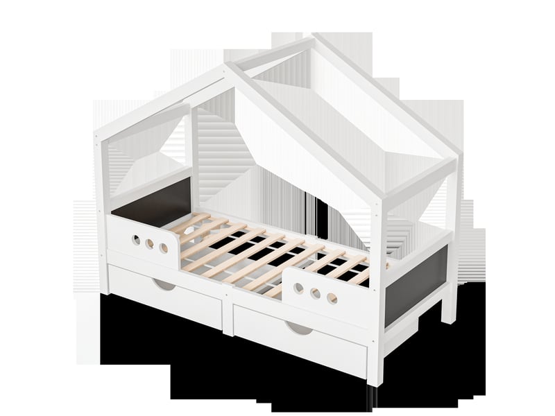  Lit cabane enfant blanc 90x200 cm en bois, 2 tiroirs intégrés, tableaux latéraux, charge 120 kg  - Conforama A