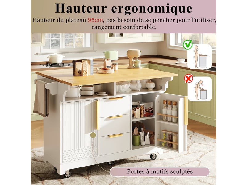  Îlot de cuisine mobile à plateaux rabattables et rangement - lpospi - 3 tiroirs, roulettes, mdf blanc  - Conforama E