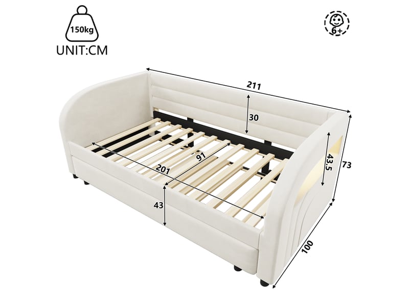  Lit jeune gigogne, 90x200 cm, avec led multicolore, couchage d'appoint, tissue, tissu et flanelle et mdf, coloris blanc  - Conforama C