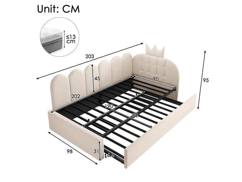  Modenvie lit gigogne 90x200 cm - velours avec lit tiroir et structure reversible, sans matelas - beige  - Conforama C