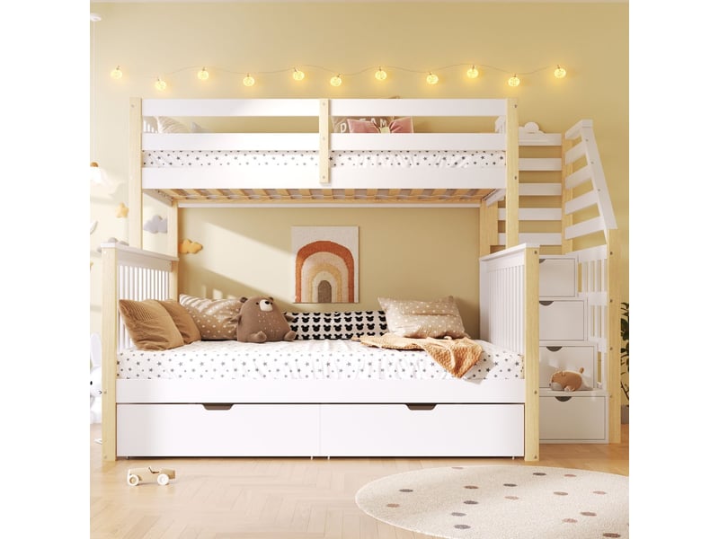 Lit superposé 90 x 200 + 140 x 200 cm + deux couchages et tiroirs rangement multifonctionnel blanc et naturel - Conforama B