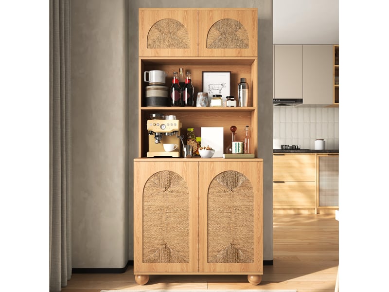  Buffet haut avec 4 portes, niches ouvertes et étagère réglable pour salon, finition naturelle, 80 × 40 × 180 cm  - Conforama B