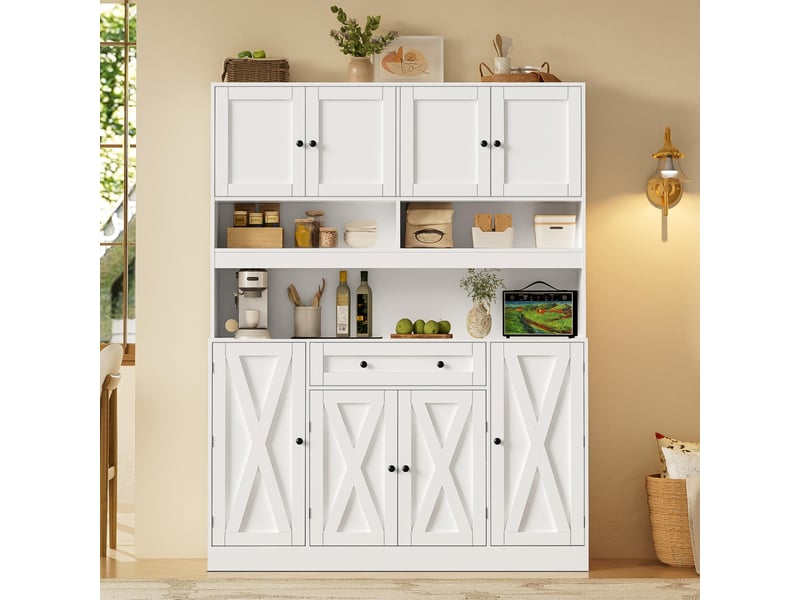  Buffet de cuisine - 140 x 40 x 185 cm - grand meuble de rangement avec tiroir, étagères réglables et prise - blanc crème  - Conforama B