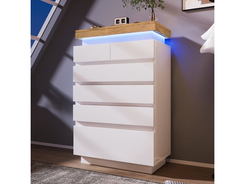  Commode 6 tiroirs 73x39x115 cm avec éclairage led, meuble de rangement finition brillante en mdf et panneaux de particules - blanc  - Conforama B