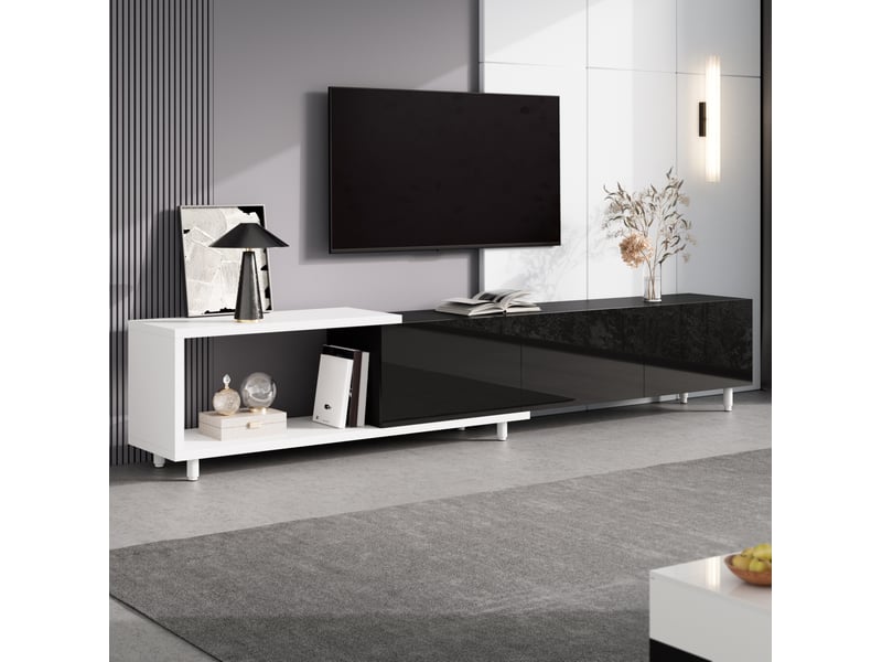  Meuble tv extensible 258 x 38 x 48,5 cm, 3 portes brillantes, noir et blanc  - Conforama D