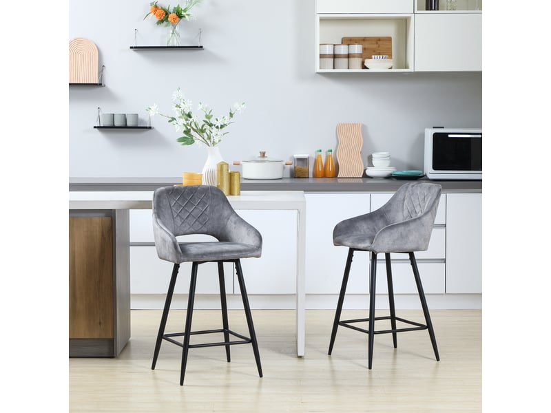  Ensemble de 2 tabourets de bar style rétro, aspect velours, avec repose-pieds, 50 cm x 56 cm x 98 cm, gris  - Conforama D