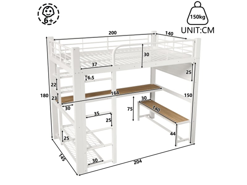Lit mezzanine métal blanc 140x200 cm – échelle, rangement intégré et barre led – sans matelas - Conforama C