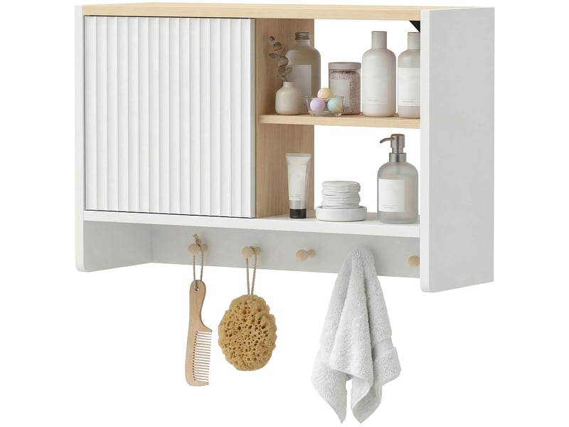  Armoire murale de salle de bain 60 cm, porte magnétique, 2 étagères et 5 crochets  - Conforama B
