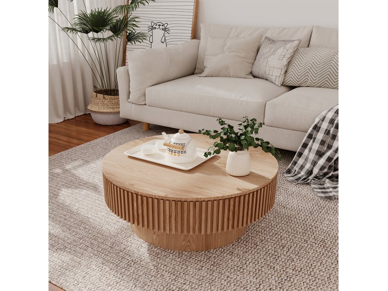  Table basse ronde 75x75x35 cm en mdf avec rangement, bois naturel  - Conforama B