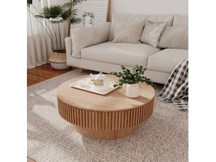 Table basse ronde 75x75x35 cm en mdf avec rangement, bois naturel