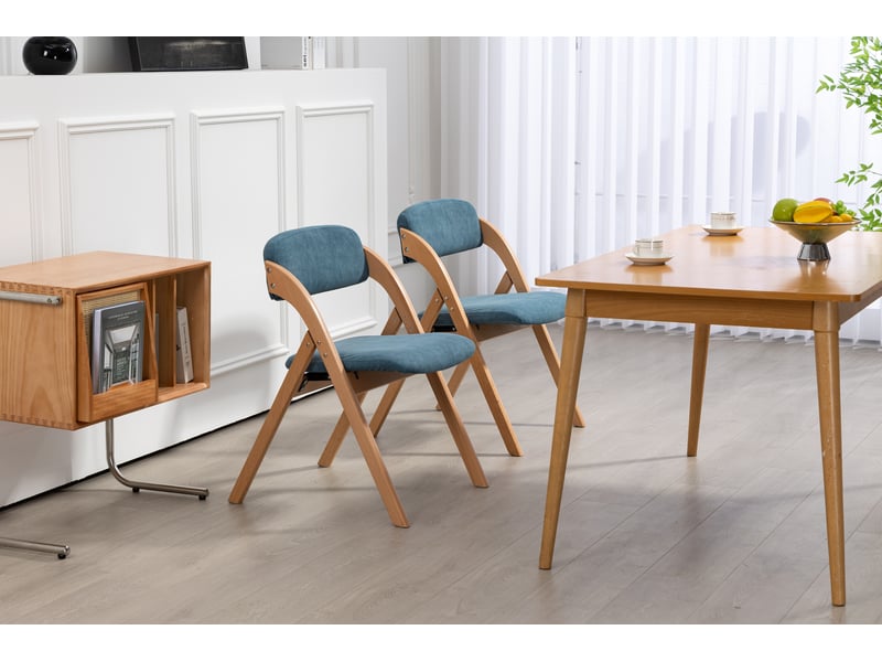  Chaises de salle à manger pliantes lot de 2 avec assise rembourrée  - hêtre massif et lin bleu  - Conforama E