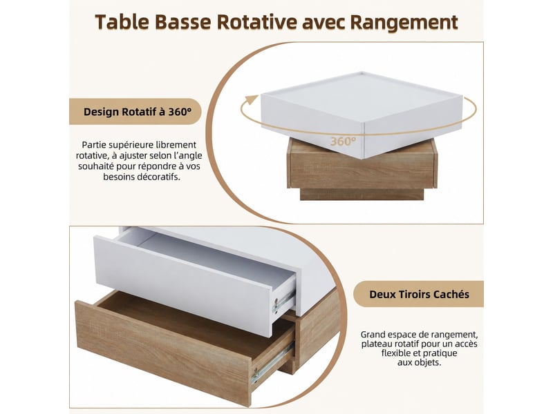  Table basse carrée pivotante - panneau de particules - couleur bois - classique - l 60 x p 60 x h 38 cm  - Conforama B