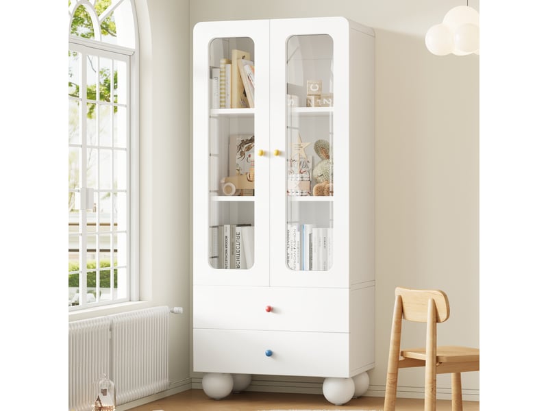  Vitrine enfant 60 x 35 x 140 cm, bibliothèque avec tiroirs, rangement multifonction et pieds boule, poignées céramique colorées, blanc ABC - Conforama E