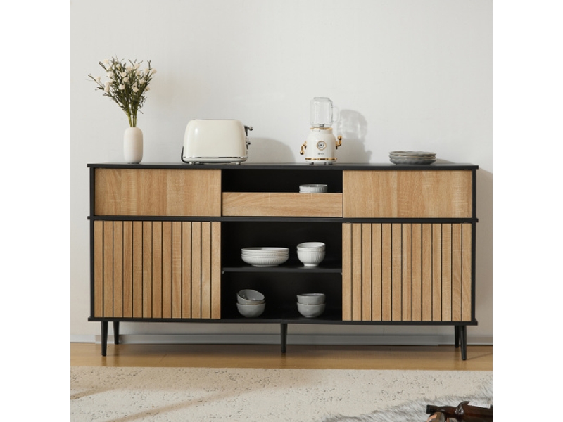  Commode avec 4 portes coulissantes et 1 tiroir, dimensions: 160 b x 40 t x 80 h, chêne combiné avec noir, avec rangement intégré  - Conforama B