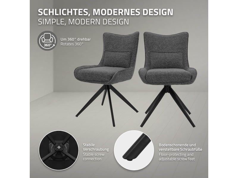  Ml-design chaise salle à manger pivotante 360° en tissu bouclette anthracite, piètement étoile en acier robuste, coussin lombaire intégré, siège rembourré confortable pour salon et cuisine, max 120 kg  - Conforama C