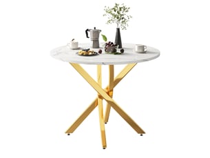 Table de salle à manger ronde avec plateau effet marbre et pieds croisés en métal, ø 80×75 cm, blanc et doré