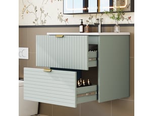 Meuble vasque mural 61x46x57 cm – vert menthe – 2 tiroirs silencieux et vasque intégrée, design moderne