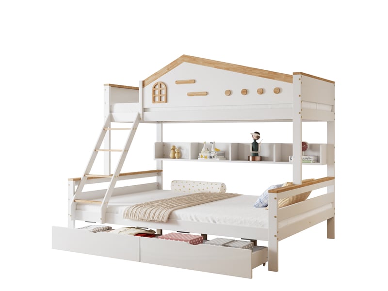  Lit enfant 90+140x200cm, 2 tiroirs, lit superposé avec escalier, étagère rangement et sommiers, bois blanc, sans matelas  - Conforama A