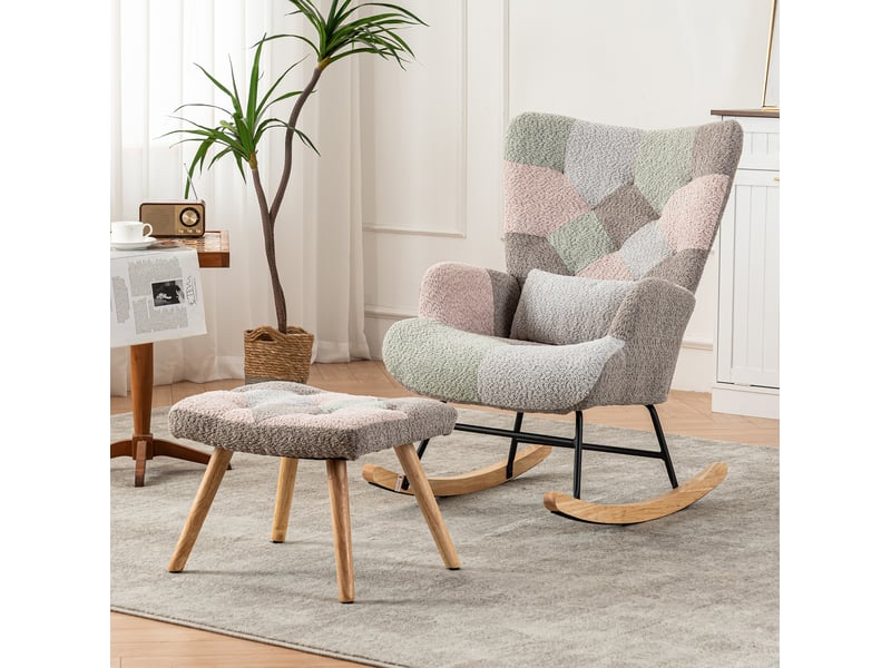 Fauteuil à bascule relax 68x83x91cm avec pouf 49x38x37 cm coussin lombaire gommier confort velours coloré - Conforama W
