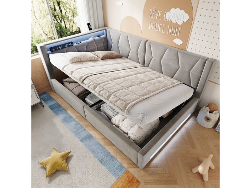  Lit coffre 140x200 velours gris foncé avec led, usbtype-c et sommier à lattes sans matelas  - Conforama B