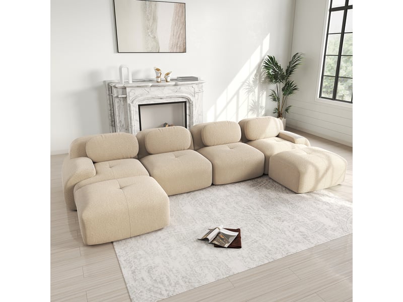  Canapé modulable en u modenvie 4 places 388 x 178 cm sans cadre en velours côtelé beige  - Conforama D