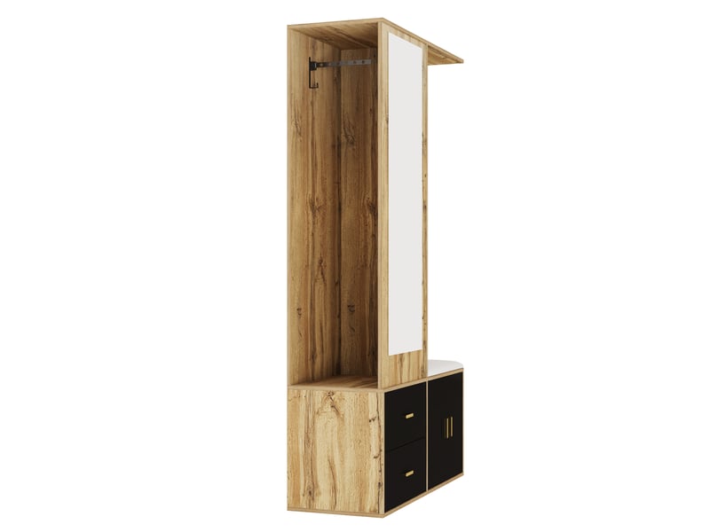  Ensemble vestiaire noir et bois avec miroir, meuble à chaussures, banc, crochets et tringles coulissantes  - Conforama E